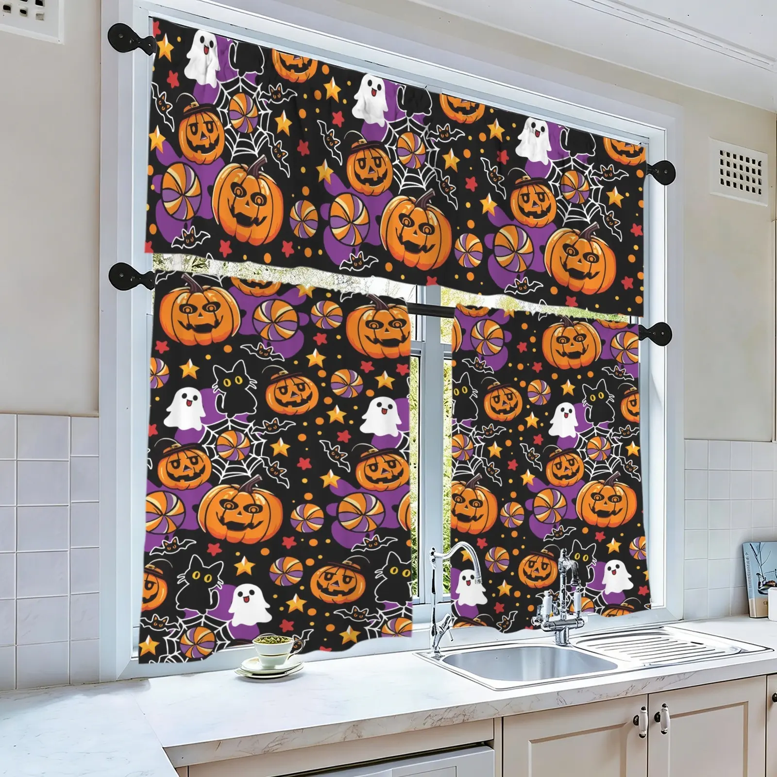 Halloween Tier Curtain Sets Semi Sheer Light Filter Rod Pocket Short Window Drapes, Privacy Shield Machine Washable Oil Resistant Curtain Combos Multi Use for Kitchen Bathroom Bedroom Cafe Farmhouse Indoor Decor