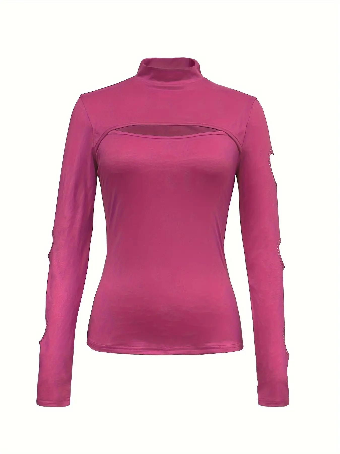 Women's Rhinestone Decor Heart Shaped Cut Out High Neck Tee, Elegant Long Sleeve T-Shirt for Spring & Fall, Women's Clothing for Daily Wear, Cute Tops, Womenswear