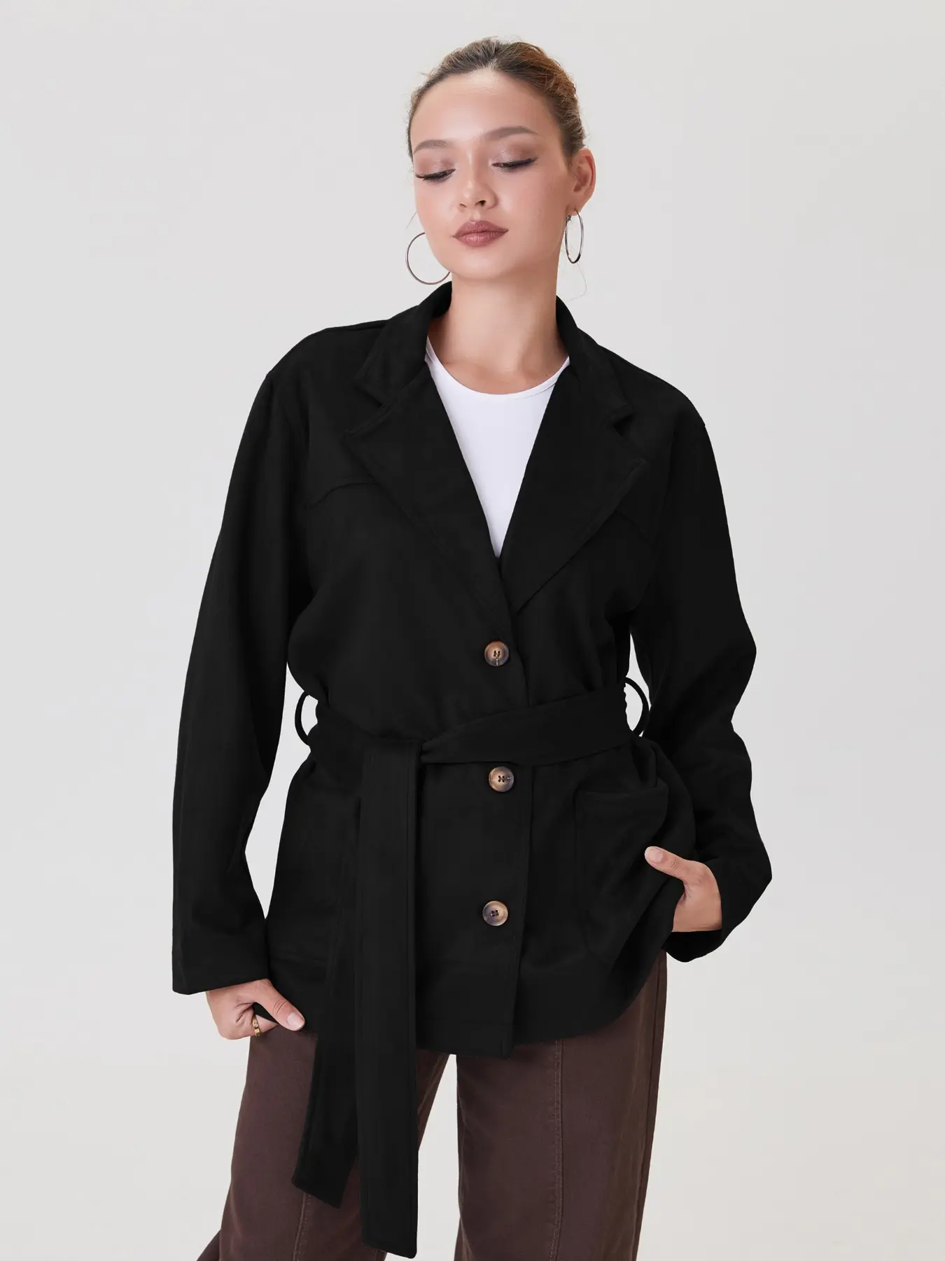 Women's Classy Notch Lapel Button Waist Tie Suede Jacket Coats, Vintage Fall & Winter Outerwear with Patch Pocket, Cozy Womenswear#TikTokMadeMeBuyIt #Outerwear #CasualChic