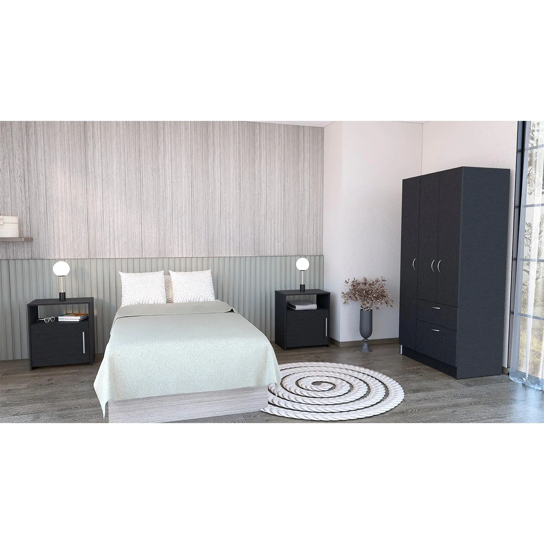 Nokaa 3-Piece Bedroom Set with Armoire and Nightstands, Black Particle Board, Full Size, Ready-to-Assemble, Interlocking System, Pre-Drilled Holes, Clear Instructions, for Bedroom Storage and Organization