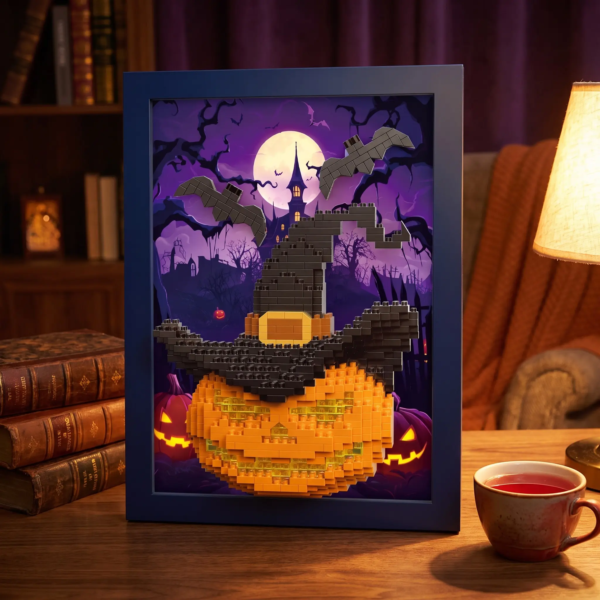 650pcs Halloween Pumpkin Witch Hat Building Blocks 3D Frame, DIY Micro Particles Bat Haunted House Model, Home Decor Gift for Teens and Adults
