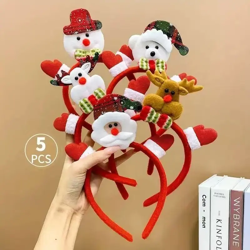 5pc Random Holiday Headbands for Kids, Christmas Halloween Party Accessories, Reindeer Snowman Santa Hat Bands, Fun Festival Decorations
