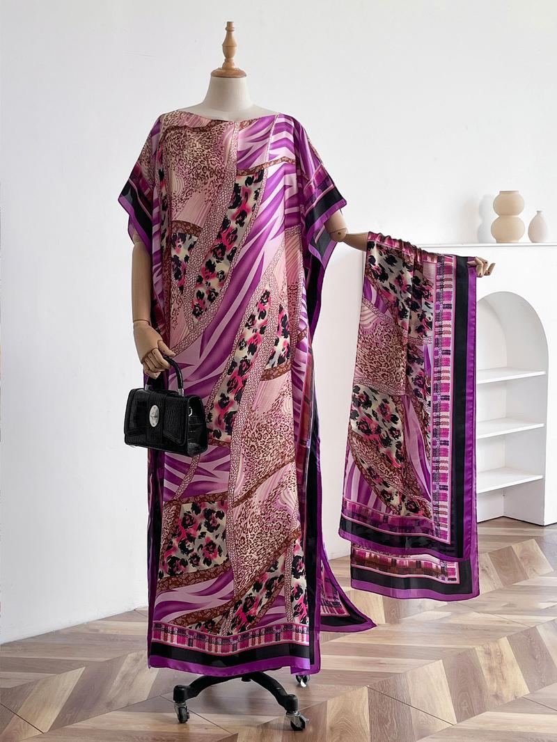 Women's Floral Print Long Dress & Scarf Set, Boho Casual Shawl Dress & Scarf Set for Beach Vacation Holiday, Ladies Clothes for All Seasons