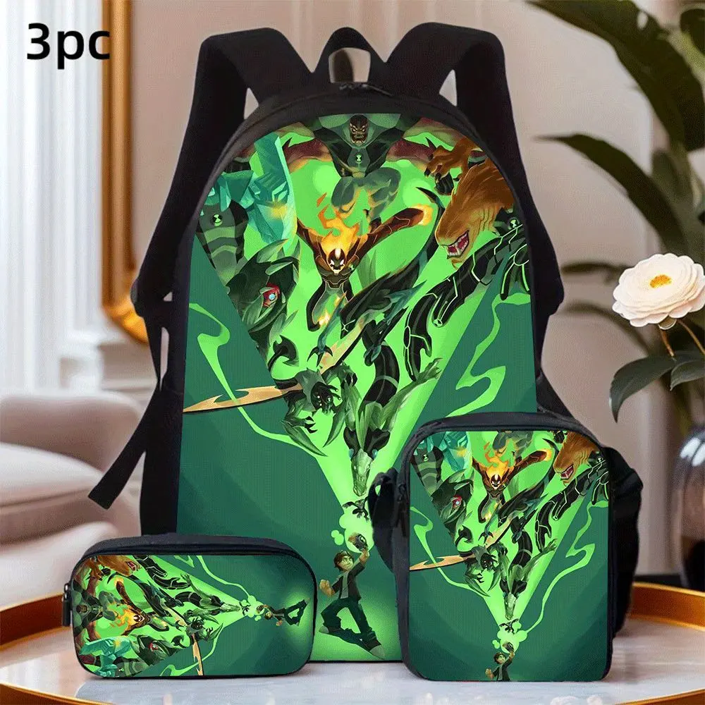 Waterproof 3-in-1 Oxford Backpack Combo, Insulated PEVA Lunch Bag Pencil Pouch, Green Glowing Energy Alien Superhero Group Print, Breathable Padded Straps for School Daily Outdoor Casual Trips