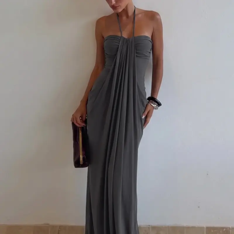 Women's Solid Color Ruched Bodycon Halter Neck Dress, Sexy Sleeveless Strapless Backless Plicated Slim Fit Tube Dress, Party Club Date Evening Gown Formal Dress, Elegant Casual Daily Maxi Long Dresses For Ladies All Seasons Summer Fashion Clothes Wear