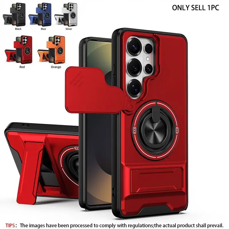 Double bracket 360 degree rotating ring bracket+horizontal bracket lens sliding window protection phone case, Protection for camera lens, suitable for Samsung Galaxy S22/S21/S23/FE/S24/Plus/A57/A27/A07/A36, durable and protective