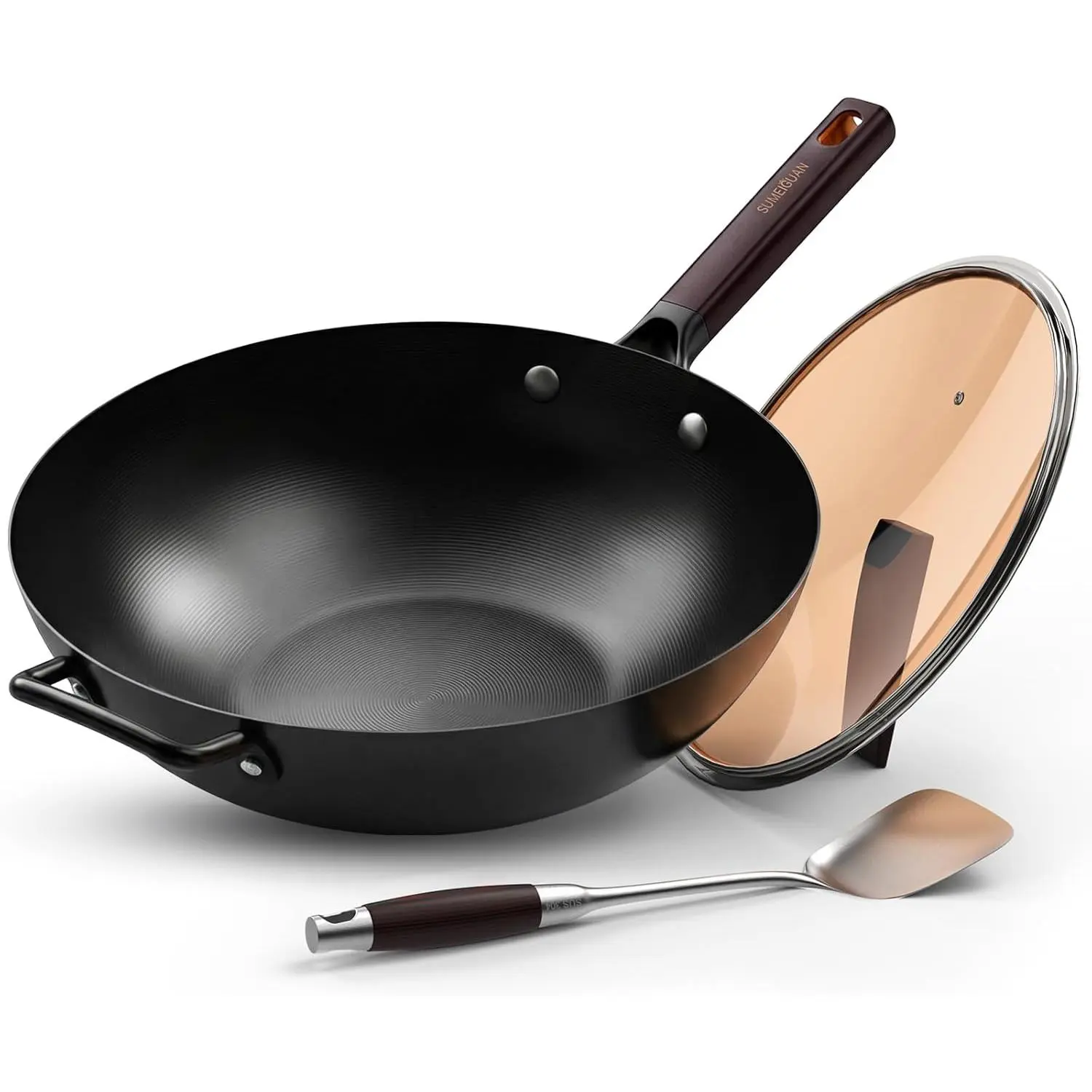 13.5" Carbon Steel Wok Pan - Pre-Seasoned Flat Bottom Woks & Stir-fry Pans Chinese Cookware with Lid & Spatula - For Pan-fry,Stir Fry, Steam, BBQ & Camping - Compatible with Induction, Gas