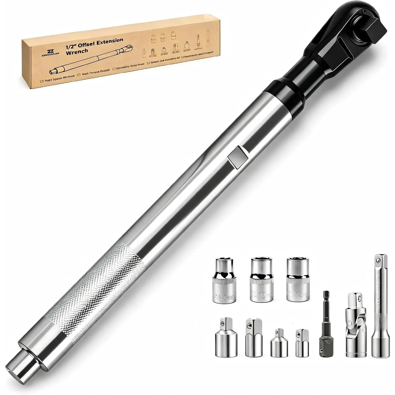 1/2" Offset Extension Wrench ,Includes 10 Socket Adapter | Socket With 3/8", 1/4" Adapters for Electric &  Tools for Tight Spaces, Narrow Engine Compartments, and Angled Repairs
