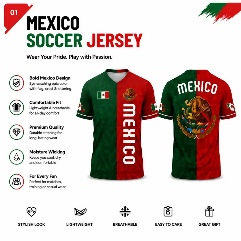 Mexican Flag Men's Sweatshirt - Green and Red Sweatshirt with Eagle Pattern, Football-Style Game Day T-Shirt, a Perfect Gift for Him and Fans.