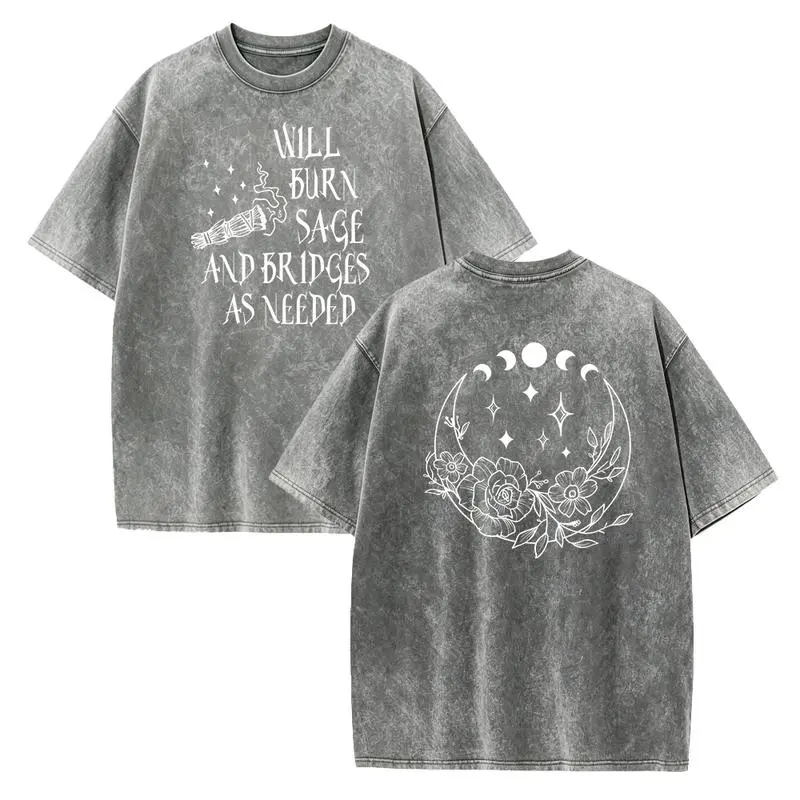 Vintage Wash Sage Graphic Tee Acid Wash Aesthetic Premium Cotton Tshirt Witchy Moon Phase T Shirt Women Short Sleeve Crewneck Top Fun Gift Men Loose Casual Top Oversized Summer Outfit