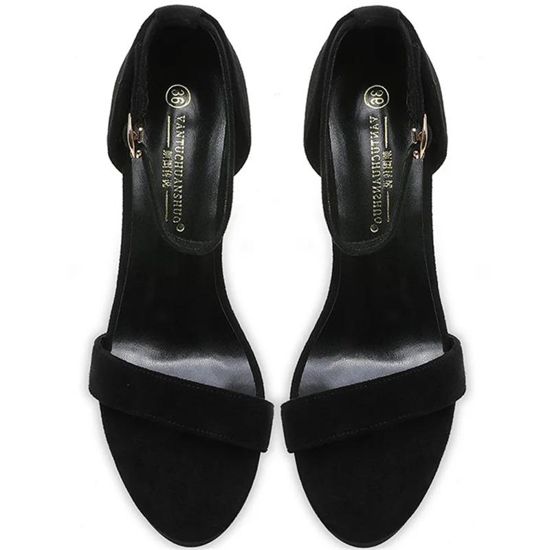 2025 New Summer Women 12cm High Heels 2cm Platform Suede Black Sandals Lady Stiletto Heels Strappy Sandles Catwalk Fetish Shoes