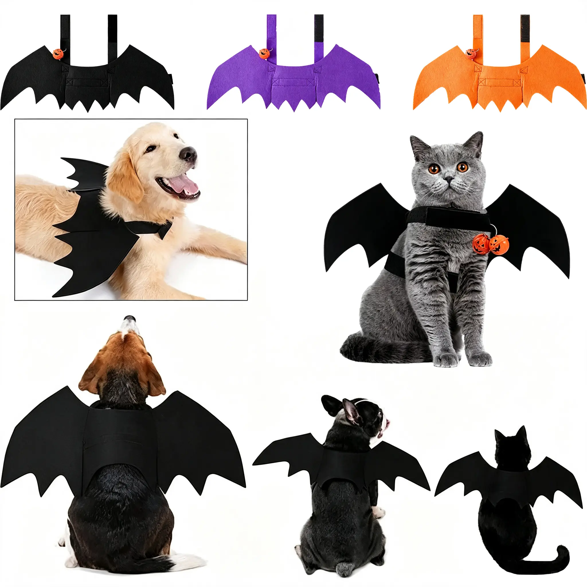 Adjustable Felt Cloth Pet Bat Wings Bell Halloween Costume - Lightweight, Velcro Fit, All Sizes, Decorative Apparel for Dogs, Suitable for Halloween, Party Scenarios (Festive & Party Supplies), Costume Ideas
