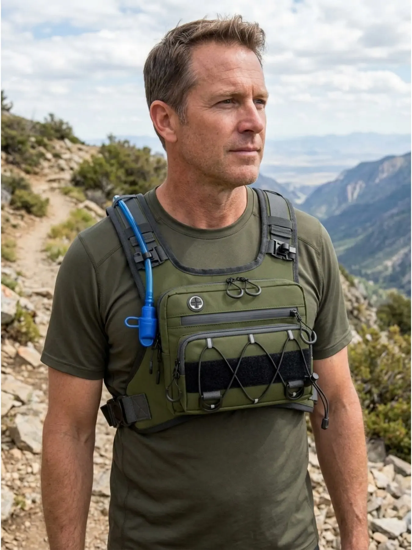 Outdoor Chest Bag Backpack with Harness Straps, Heavy Duty Wear Resistant Multi Pocket Utility Vest Pack, Breathable Dual Shoulder Daypack for Outdoor Motorcycle Riding, Dirt Bike Off Road, Hiking, Mountaineering, Running and Travel Sports.