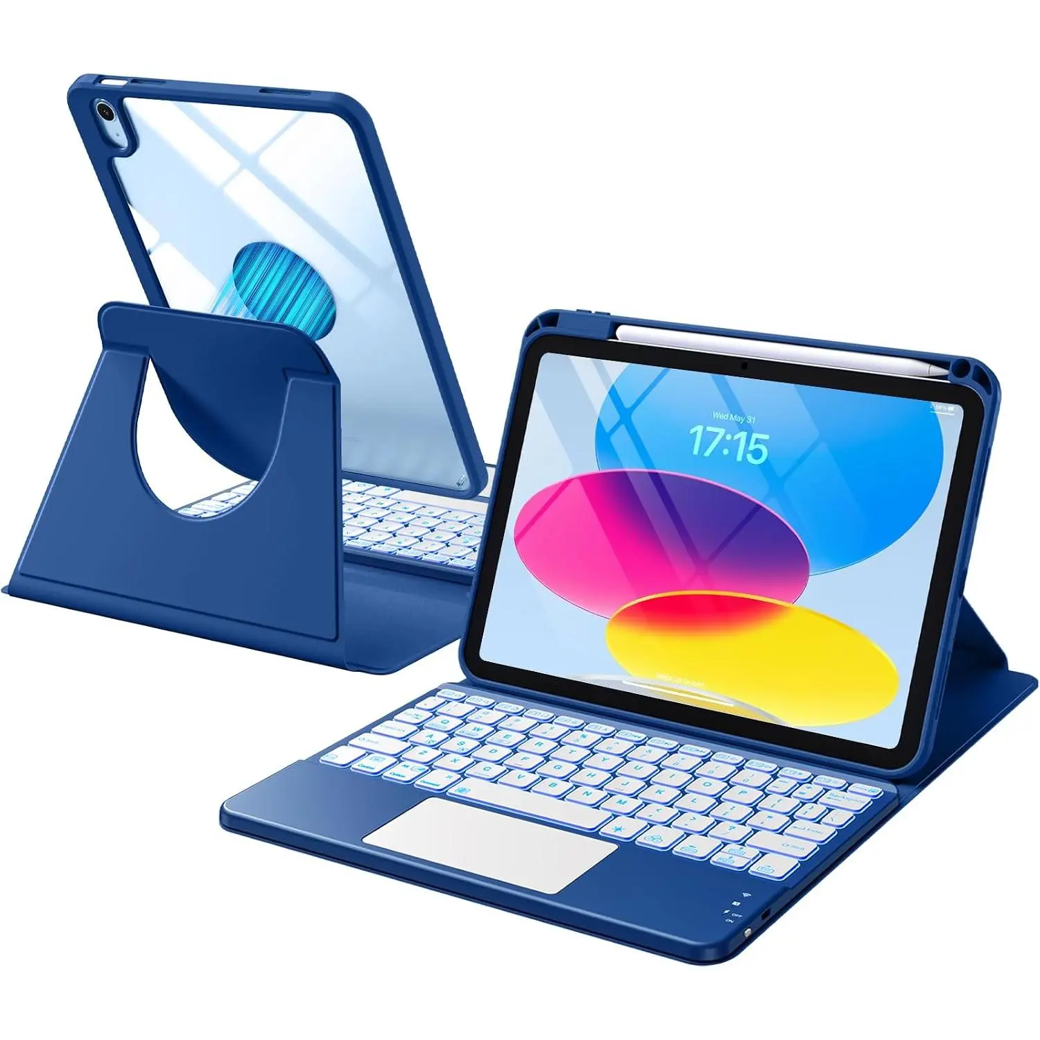 for iPad 10th/11th Generation A16 Case with Keyboard, 360 Rotation Detachable Cover with Pencil Holder, Multi- Trackpad, 7 Colors Backlit Keyboard for iPad (A16)/10th Gen (Navy Blue)