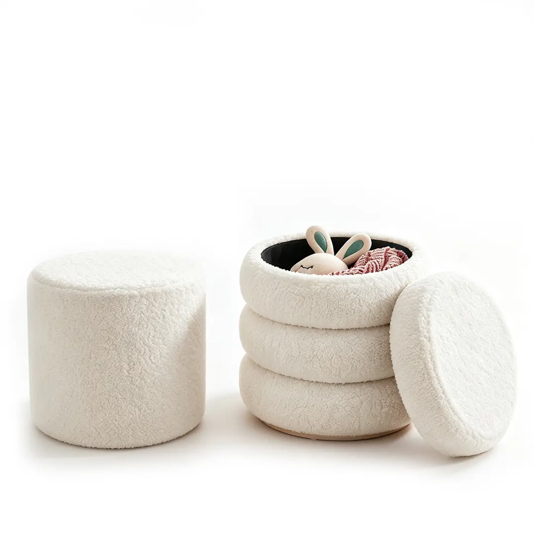 Nokaa Velvet Vanity Stool with Storage Ottoman, Modern Round Upholstered Seat with Removable Lid, Beige Footstool for Bedroom Living Room, Sturdy Frame Supports 260 lbs, 16.5x16.5x17.7 Inches, Multiple Color Options