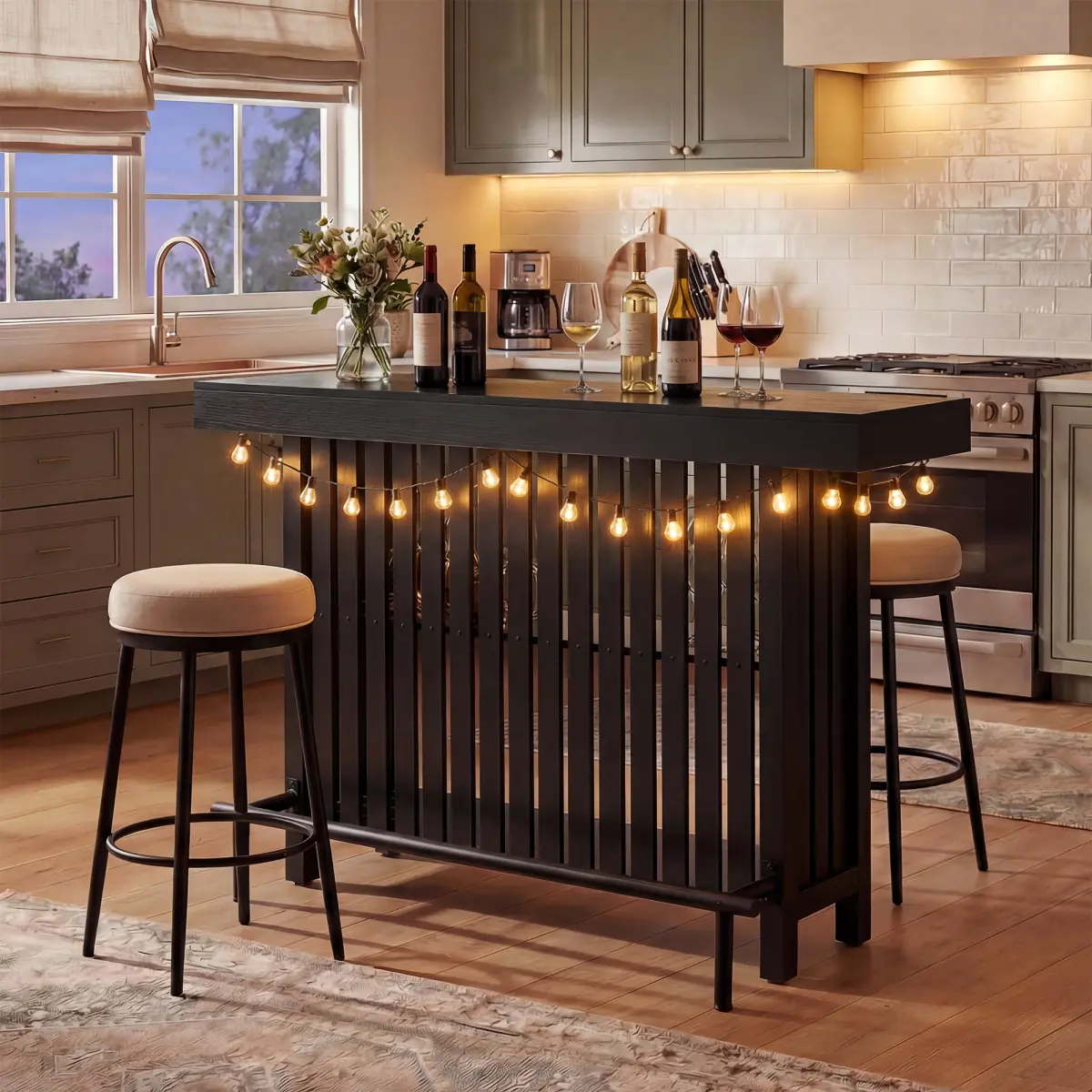 63" Large Bar Table, 3-in-1 Sideboard Table with Wine Storage, Top Wine Cabinet Table with Footrest and 2-Tier Wine Rack, Modern Pub Table for Dining Room Kitchen Home Bar, Black