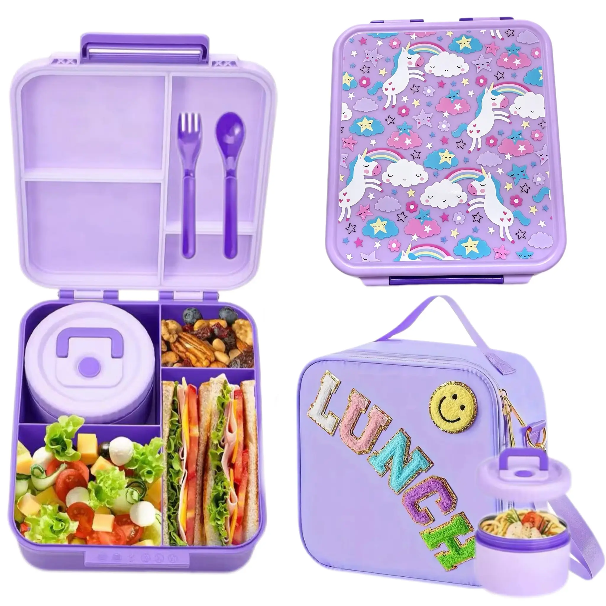 🍲🥢Cute Cartoon Bento Lunch Box with Soup Thermo, Kids Leakproof 4 Compartments Bento Box Spoon,Insulated Food Jar for School Travel 🍚🥦.Stay Healthy & Organized! iInsulated Lunch Box Set for Kids, Leak-Proof Four-Slot Bento Box with Spoon