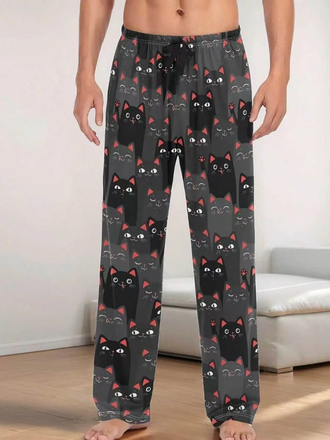 Men's Casual Home Wear Pants, Cute Cat Print, Loose Fit Comfortable Sleepwear, Spring Autumn Long Pants, Versatile Single Pair, Loungewear