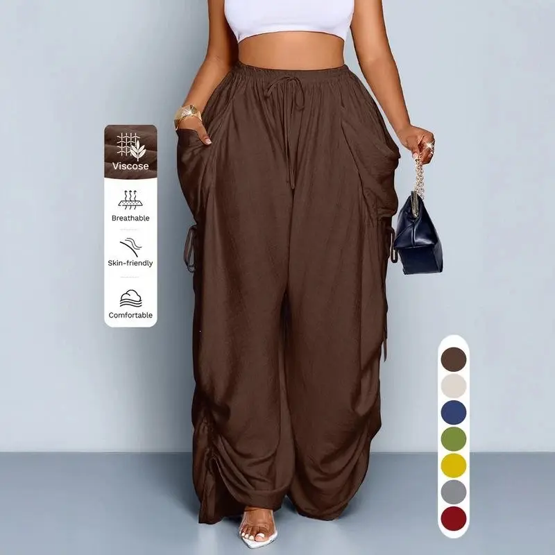 Women Drawstring Wide Leg Pants Casual Loose High Waist Trousers Breathable Summer Pants Multiple Colors Available