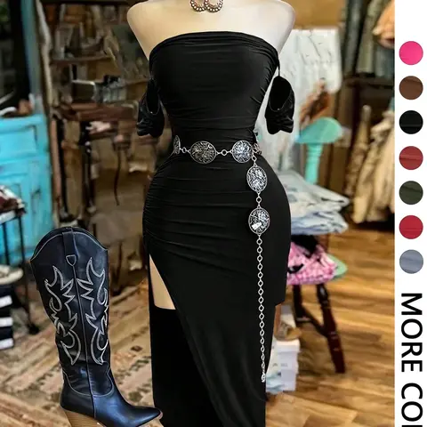 1 Piece Spring & Summer Women Sexy Off-Shoulder Sleeveless Ruched Bodycon Maxi Dress - High Slit Design Alluring Style for Evening Events, Evening Dresses and Clubwear （Belt not included）