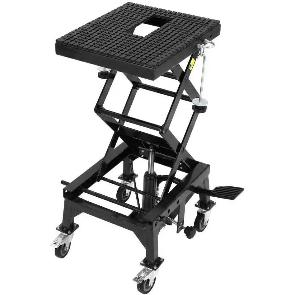 Hydraulic Motorcycle Lift Jack, 350 LBS Capacity Foot-Operated Scissor Jack with Wide Deck & Locking Wheels for Motorcycle, ATV & Buggy Maintenance, Black