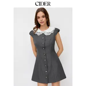 Cider Lace Peter Pan Collar Puff Sleeve Metal Detail A-line Mini Dress