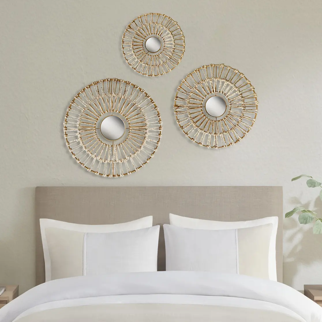 ARCH Round Natural Fiber and Mirror 3-Piece Wall Decor Set, Boho Woven Rattan Wall Mirror Set, Farmhouse Decorative Mirror Wall Art, Rustic Hanging Mirror Set for Living Room Bedroom Entryway, 3 Pack Wall Decor, Home Furniture and Household Product