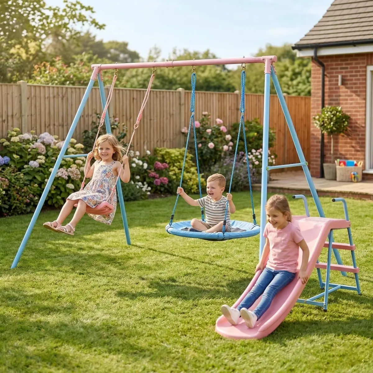 129.92"L*53.54"W*70.87"H Outdoor Metal Swing Set with Slide, Classic Swing & Round Disc Swing, Weatherproof Frame HDPE Plastic Play Equipment for Kids Ages 3+ Backyard Garden Play Center