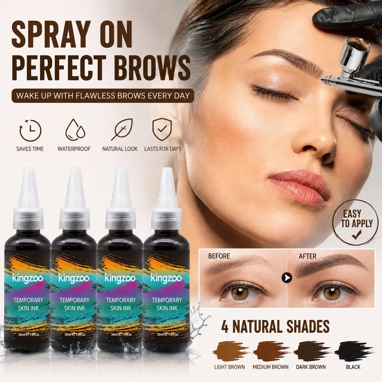 Hybrid Brow Tint for Airbrush Professional Salon Formula Liquid Eyebrow Ink Waterproof & 3-7 Days Long Lasting Tinting Pigment for Medium Brown Brows DIY Brow Tinting Kit for Beginners 30ml, Makeup