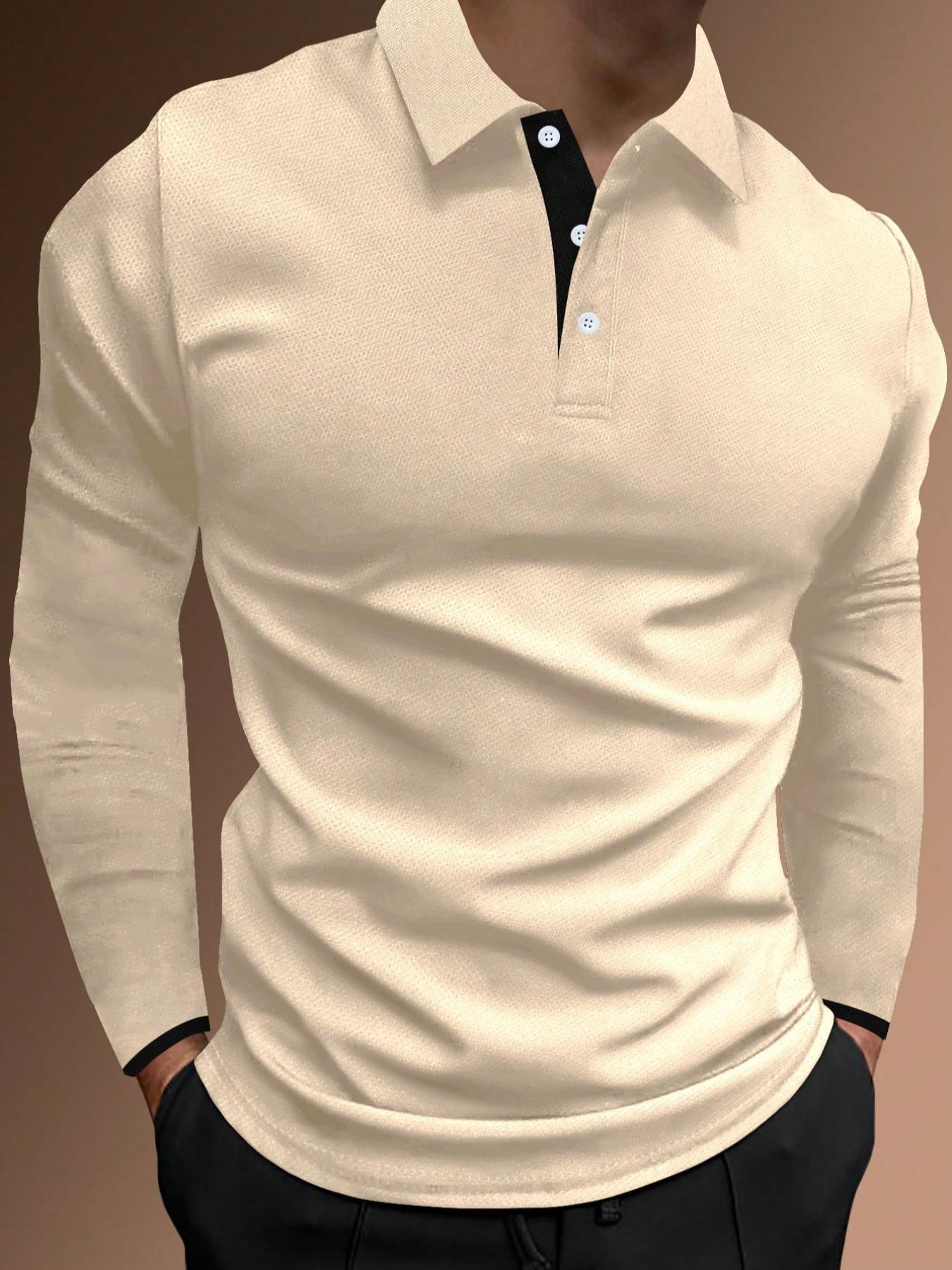 Men's Regular Fit Contrast Binding Button Front Polo Shirt, Men's Clothing Outfits, Casual Long Sleeve Half Placket Collared Top for Summer, Streetwear, Menswear for Daily Wear, Polo Tees