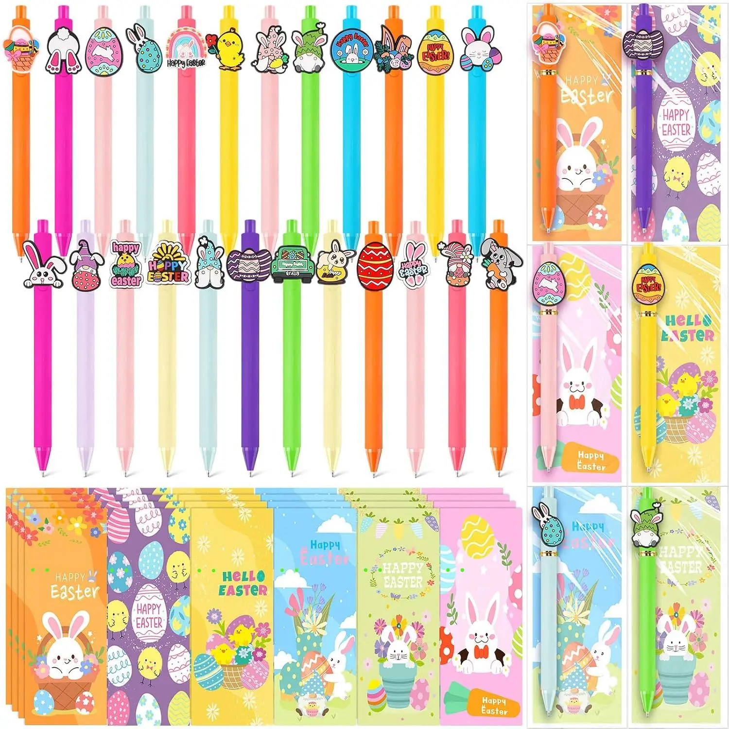 24 Set Easter Ballpoint Pens Bulk with Cards Bunny Carrot Retractable Black Ink Pens Egg Chick Flower Easter Basket Stuffers for Adults Spring Party Gifts Party Favors Office Supplies