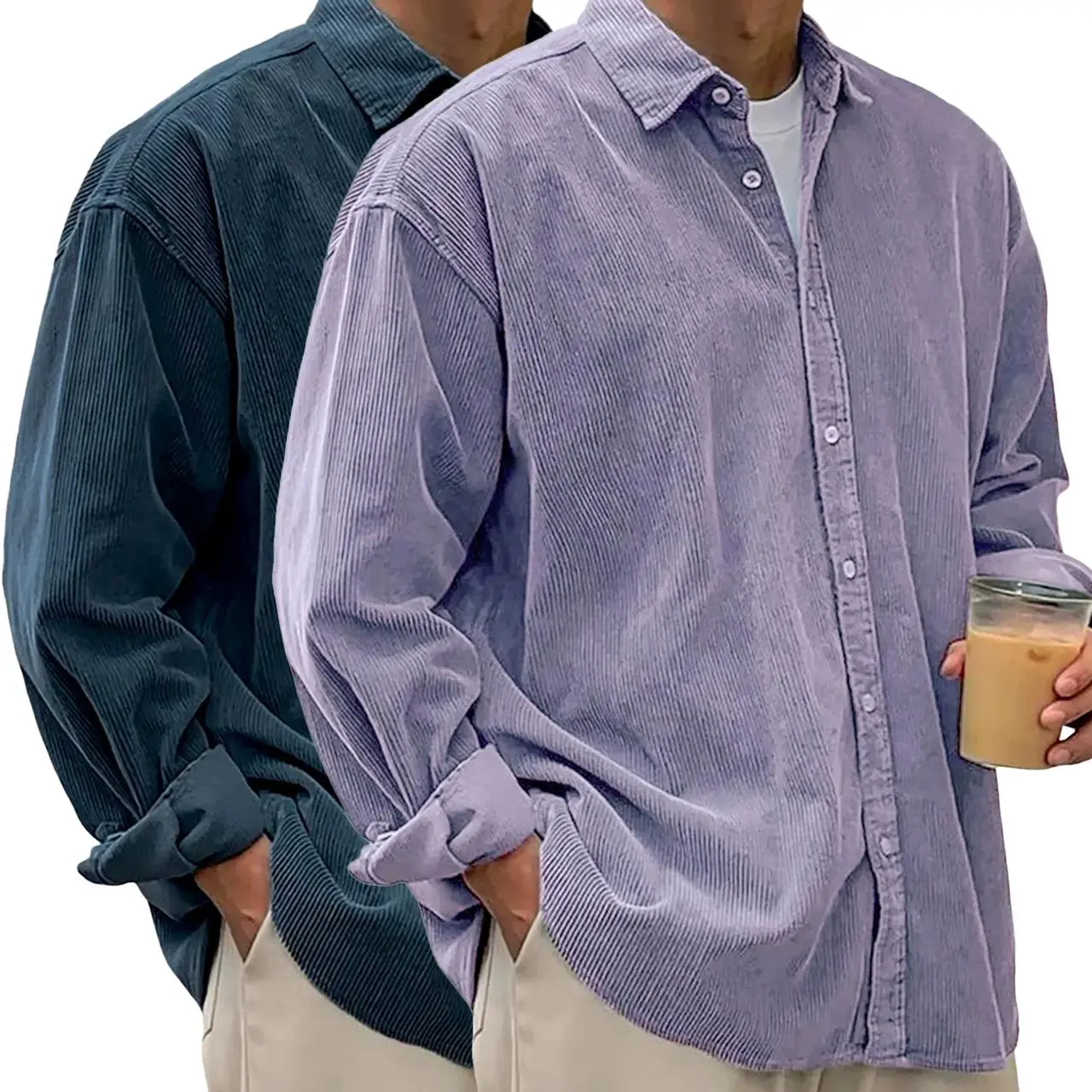 Men's 2-Pack Loose Fit Corduroy Shirts, Solid Casual Long-Sleeve Button-Up for City and Weekend Wear, Handy Two-Piece Pack