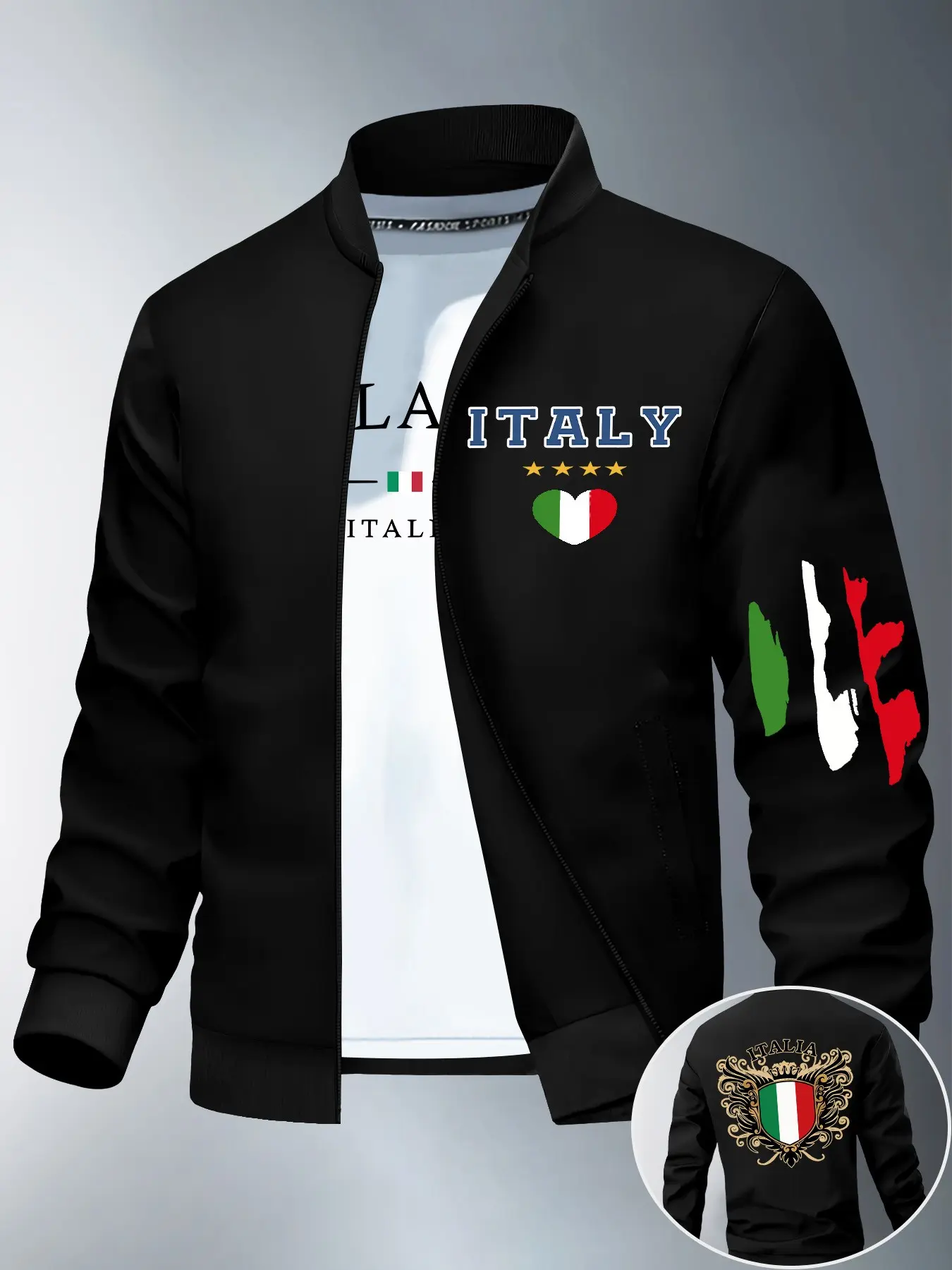 Stand Collar Zipper Baseball Jacket, Heart-Shaped Regional Mark, Geometric Pattern, Floral Shield Badge Print, European Design Trendy Outerwear
