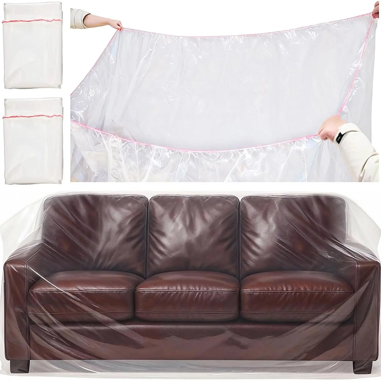 2 Pack Plastic Couch Cover Furniture Cover with Elastic Band, Clear Sofa Cover Protector for Moving and Storage, Waterproof & Dustproof Moving Bags for Couch Slipcover 92W x 42D x 42H Inches