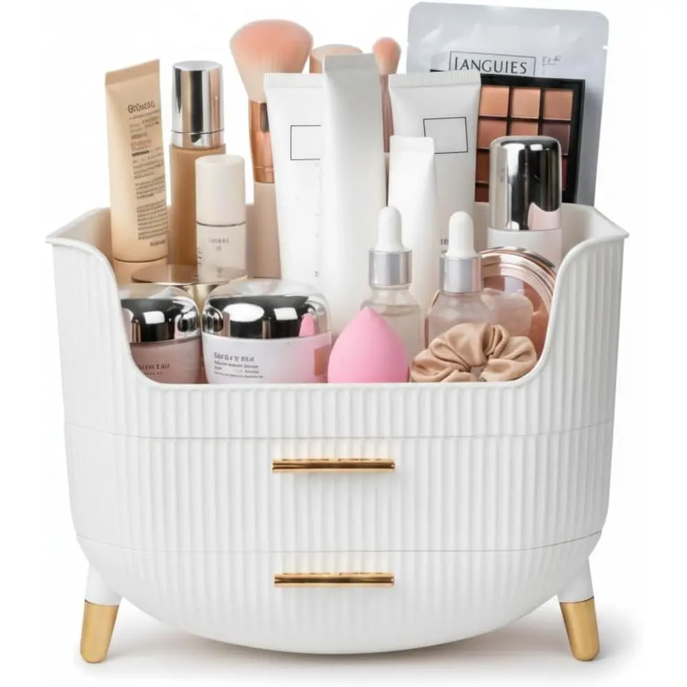 Makeup Organizer with Drawers, Skincare Storage Box for Vanity, Multiple Compartments, Portable Cosmetic Display Case with Handle, Large Make up Organizers for Dresser, Bathroom, Bedroom, White