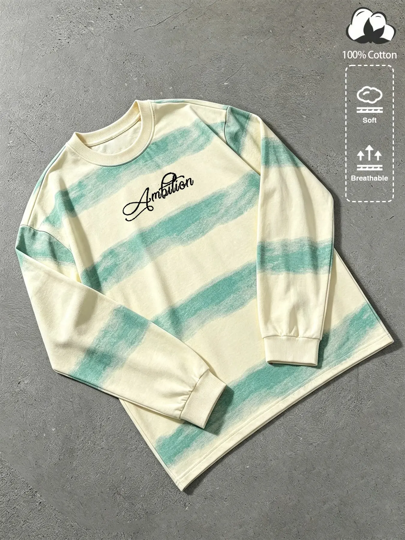 Unisex Y2K street style Ambition floral print tie-dye stripe 100% cotton loose-fitting round-neck top, striped long-sleeve T-shirt, casual undershirt, suitable for wearing alone in spring and autumn, or layered throughout the year. Fresh Korean style, Ame