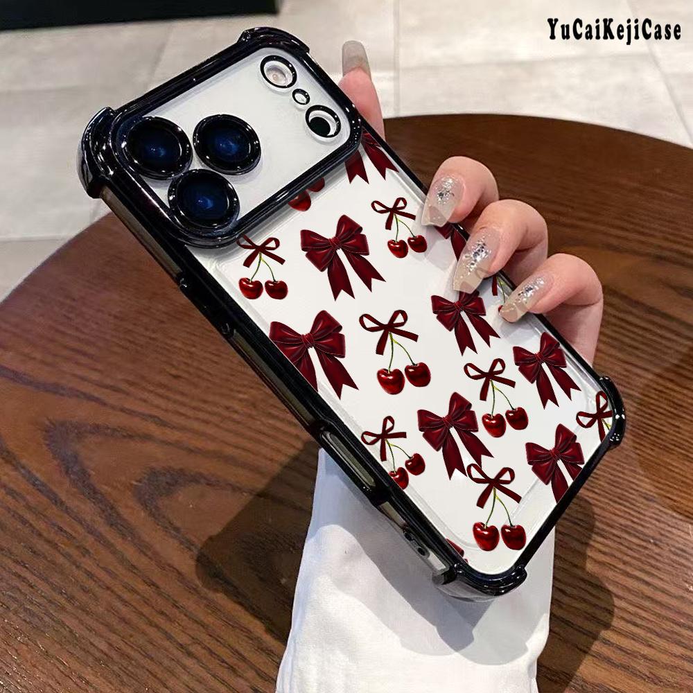 Compatible with Phone Case iPhone 17 Pro Max 16 15 Plus Air 14 13 12 11 E Cherry Bows Pattern Transparent Full Coverage Four Corners Anti-drop Casing
