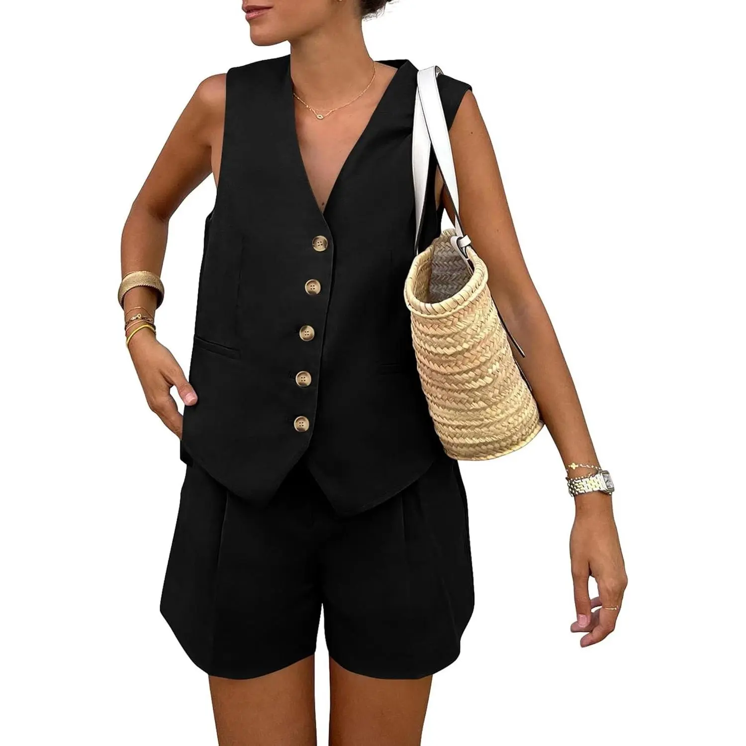 Women's Summer 2 Piece Sleeveless Matching Sets - Button Down V-Neck Vest Waistcoat with Pockets and Shorts