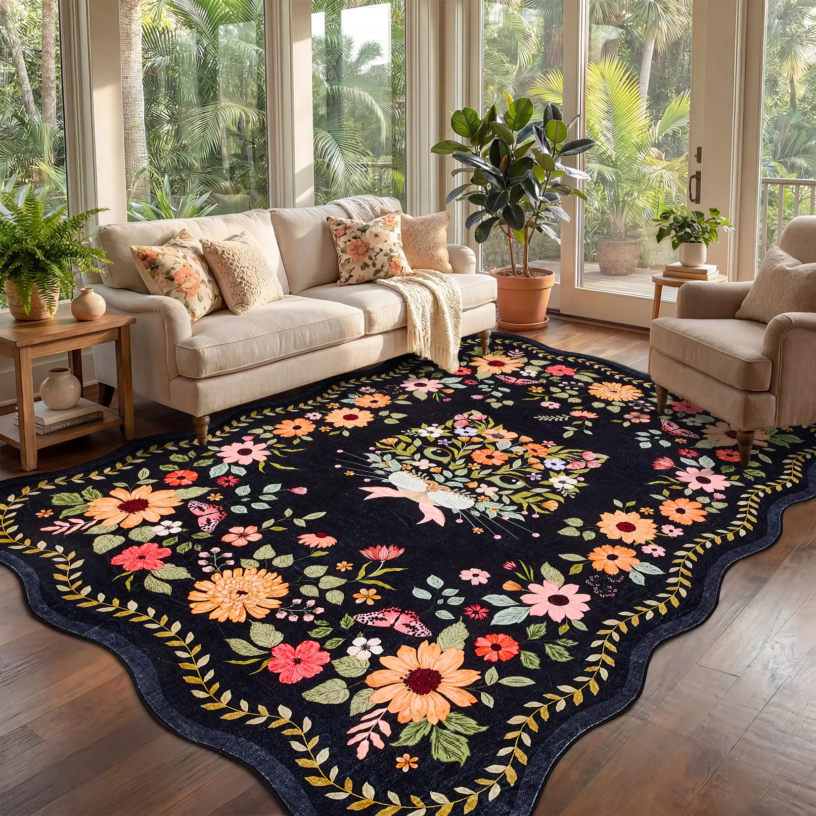 Fan Shaped Cat Print Area Rug Modern Floral Border Design Soft Foldable Non Slip Non Shedding Stain Resistant Machine Washable Decor Rug for Bedroom Living Room Dining Room Office Playroom Kids Room