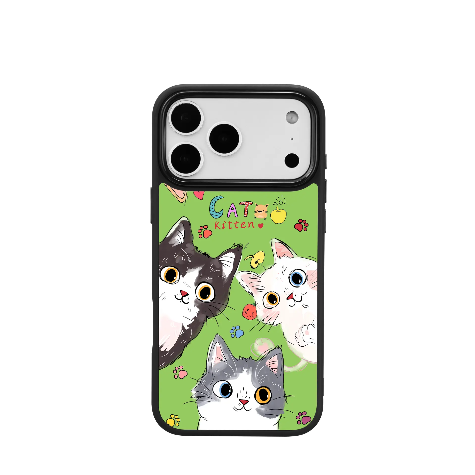 Fresh Summer Grass Green Three Peeking Kittens Phone Case for use with iphone 17 air 16 pro max 15 pro 14 13/12/11 design phone cases for iphone  Skin-touch 2-in-1 Bright White Glass Case phone case for girlies and boys aesthetic holographic phone case