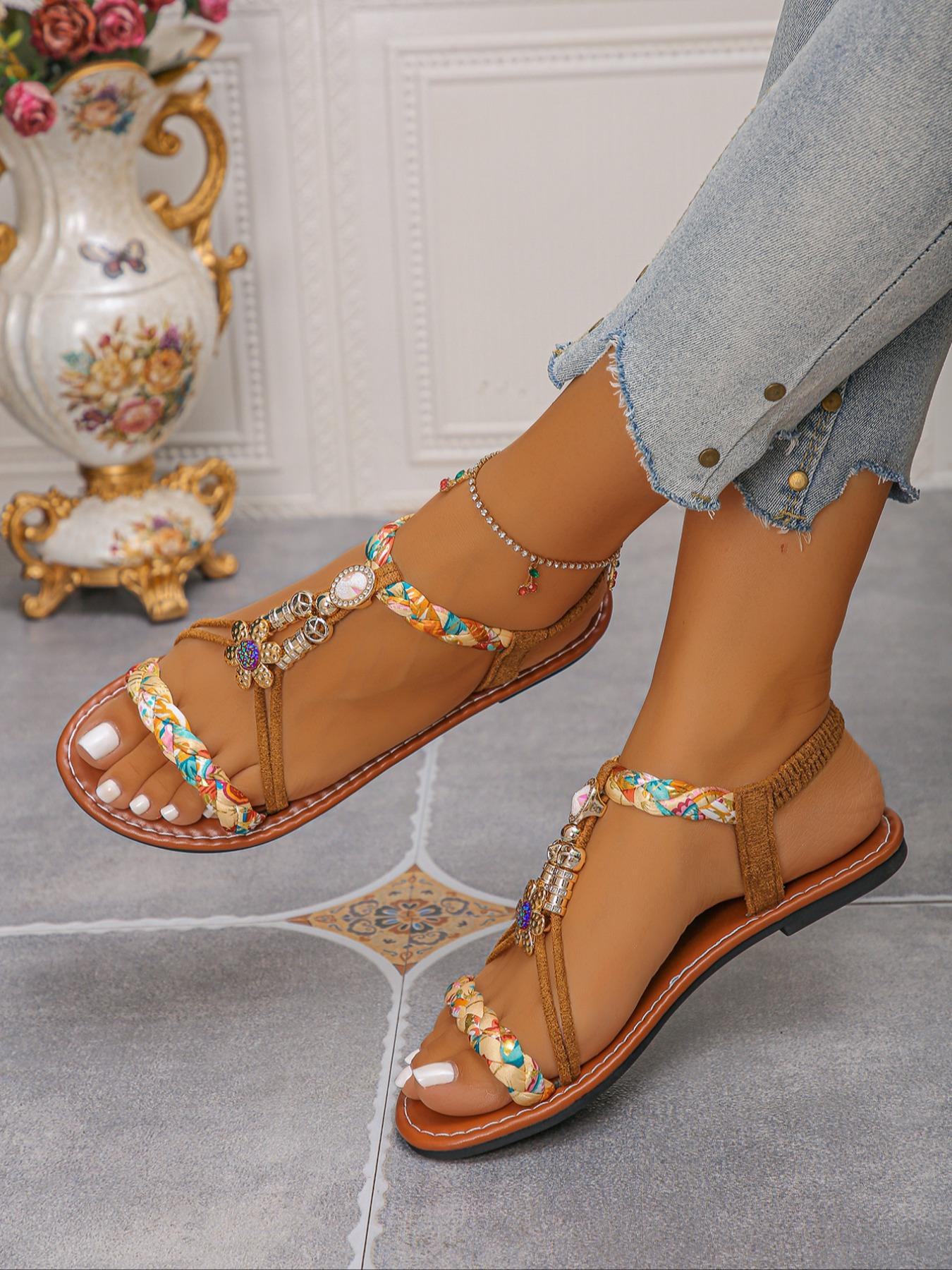 Women's Fashion Ethnic Style Woven Sandals in Suede, Comfortable Ankle Strap with Multi-Colored Patterns for Summer Casual Wear