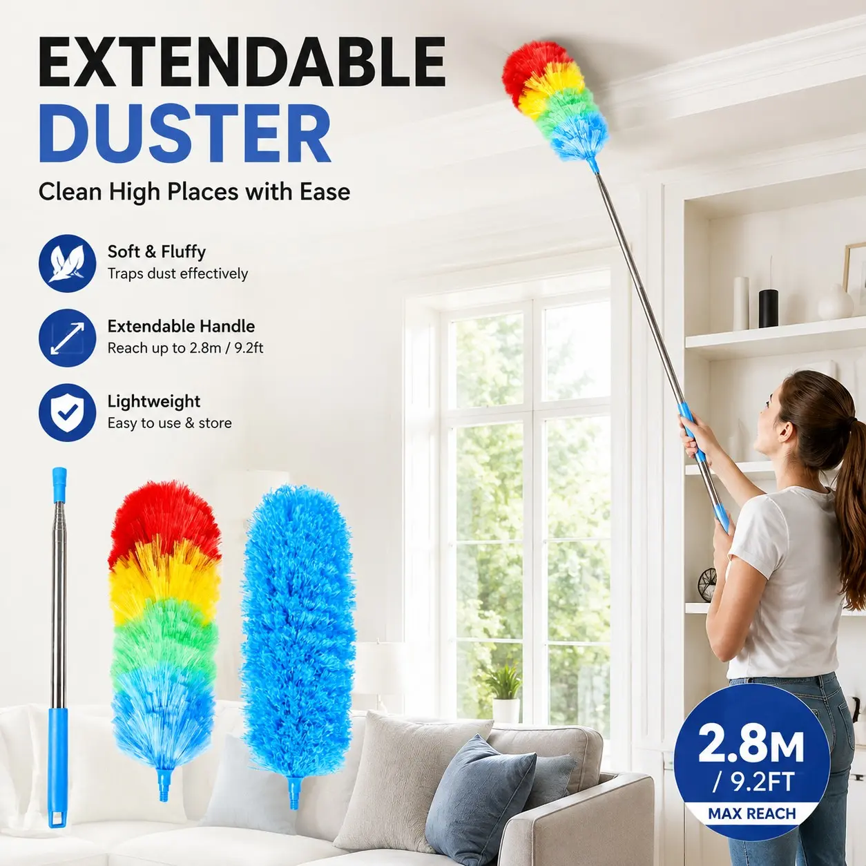 High-End Extendable Dusting Brush, 9.2 Feet Ultra Long Handle, Soft Microfiber Head, Lightweight Ceiling Fan Cleaner, Home & Office Use