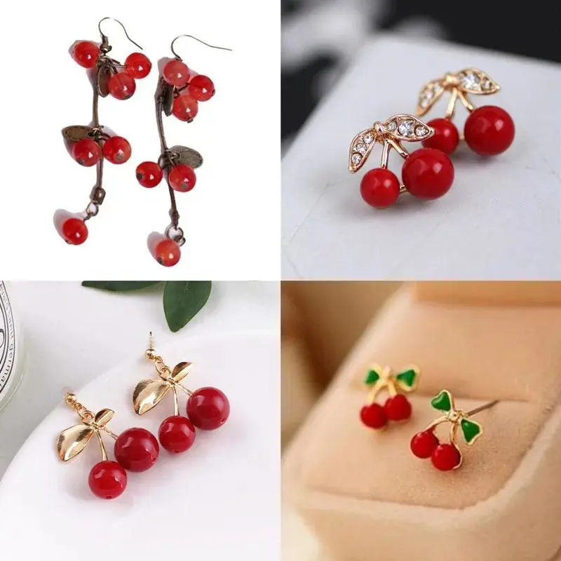 Fashion Cherries Earrings Sweet Crystal Earring Red Style Metal Stud Leaf Earrings For Women Jewelry wholesale