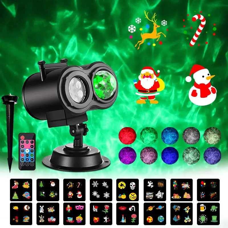Christmas Halloween Outdoor Waterproof Projector Light, 2-In-1 Wave Dynamic Effect, 16 Slides, 10 Colors, Party Decor, Garden, Doorway