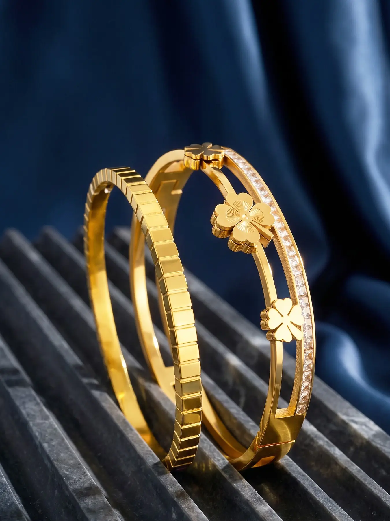 2Pcs Clover Bangle Set, Stackable Stainless Steel Bracelets, Geometric Square Plain Bangle & Sparkling Crystal Four Leaf Clover Open Cuff, 18K Gold Plated Tarnish Resistant Jewelry, Available in Gold Silver Black, Lucky Charm Bracelet Gift For Women Daily