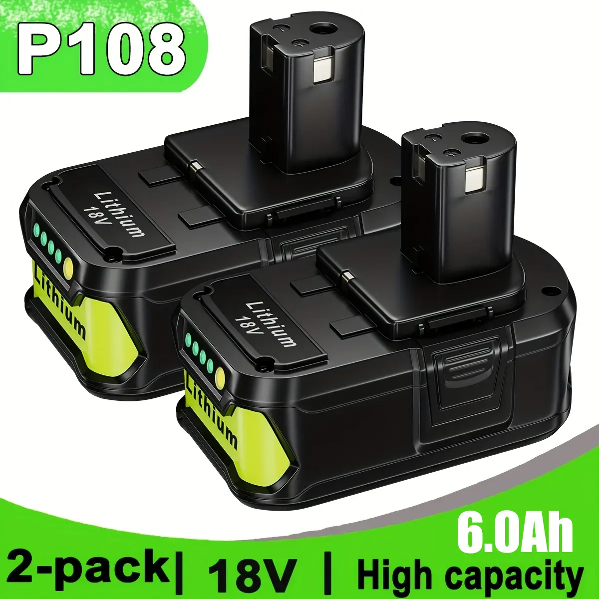 MYIYAE 2-Pack 18V 6.0Ah High-Capacity Lithium-Ion Replacement Batteries with Cells for P108, P107, P105, P103 Cordless Tools, Longer Runtime, Faster Charging, Charge Indicator