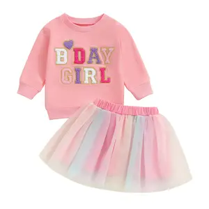 Cpzvucak Toddler Baby Girl Birthday Outfits 1-10 Years Kids Girl Birthday Girl Letter Embroidery Sweatshirt Tops with Tutu Tulle Skirt Dress Birthday Clothes