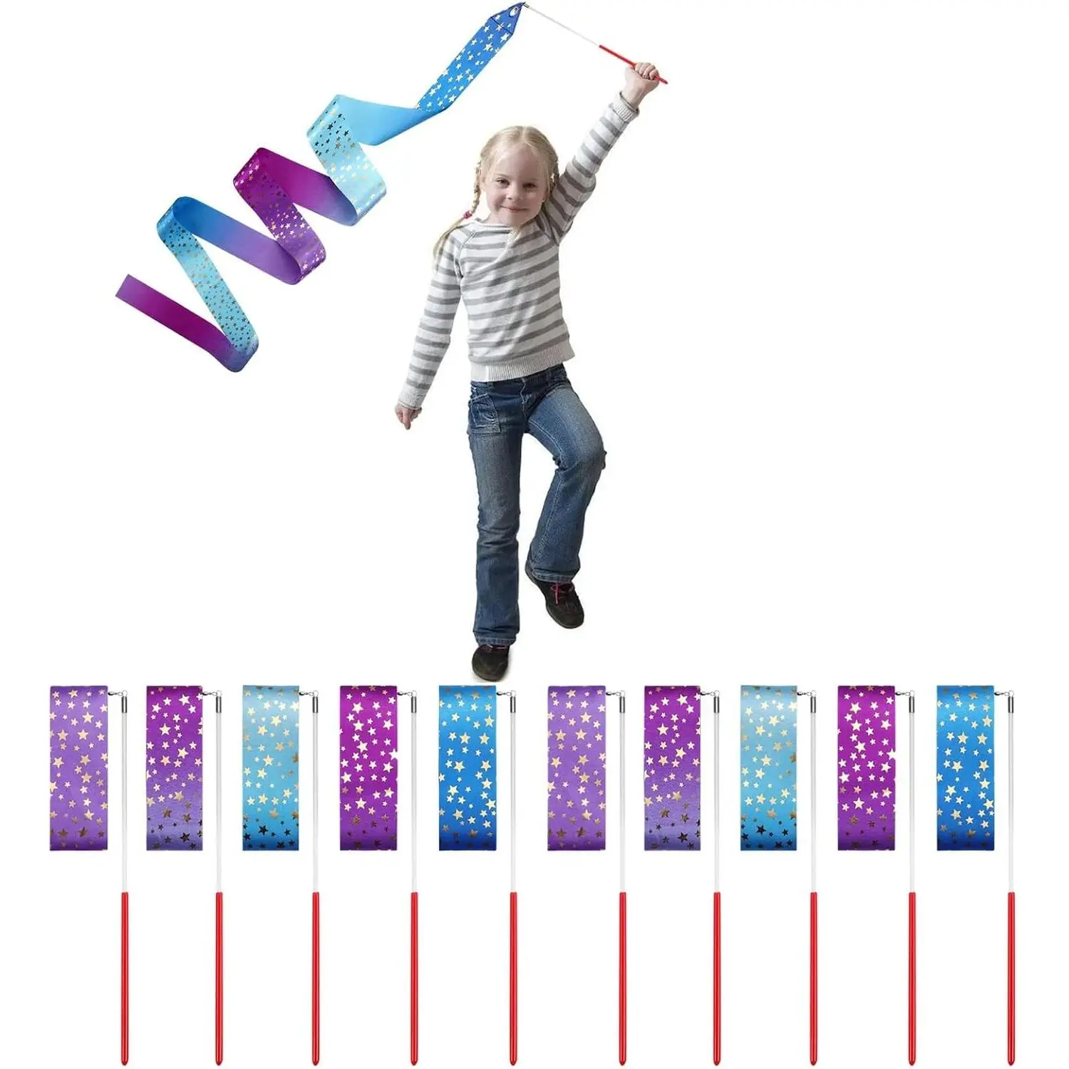Star Ribbon Wands (20-Pack) for Kids - 78.7in Rhythmic Gymnastics Dance Ribbons with Star Streamers, Unicorn-Themed Party Favors, Ballet & Outdoor Games Supplies