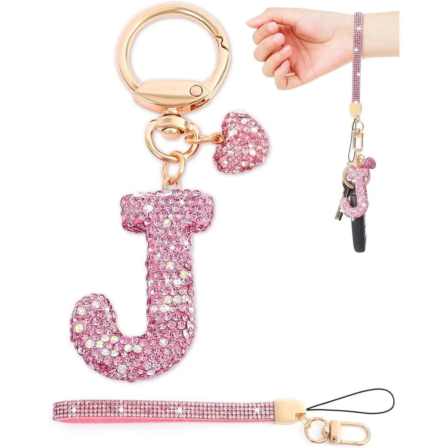 Women's Stylish Initial Keychain - Bling Letter with Heart, Pink Shiny Girly Keychain Pendant, Casual Portable Wearable Charm for Backpacks, Handbags