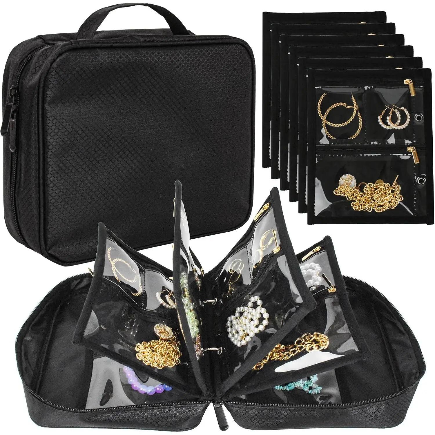 Travel  Organizer Case, Bags  Storage Book Binder with Clear Zipper  Pouch for Traveling,Earrings, Rings, Necklace, Bracelet